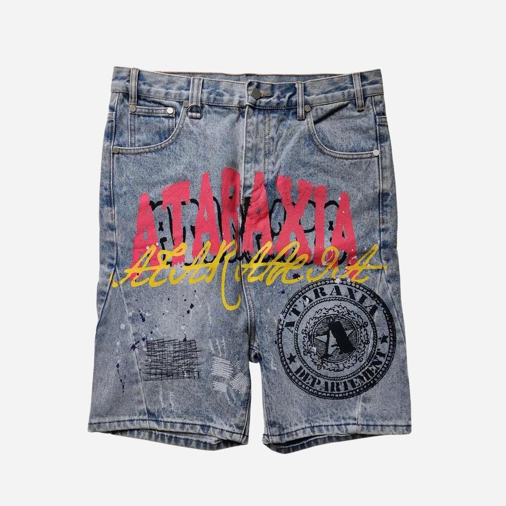 Ataraxia denim shorts with pink and yellow graphic text and circular logo